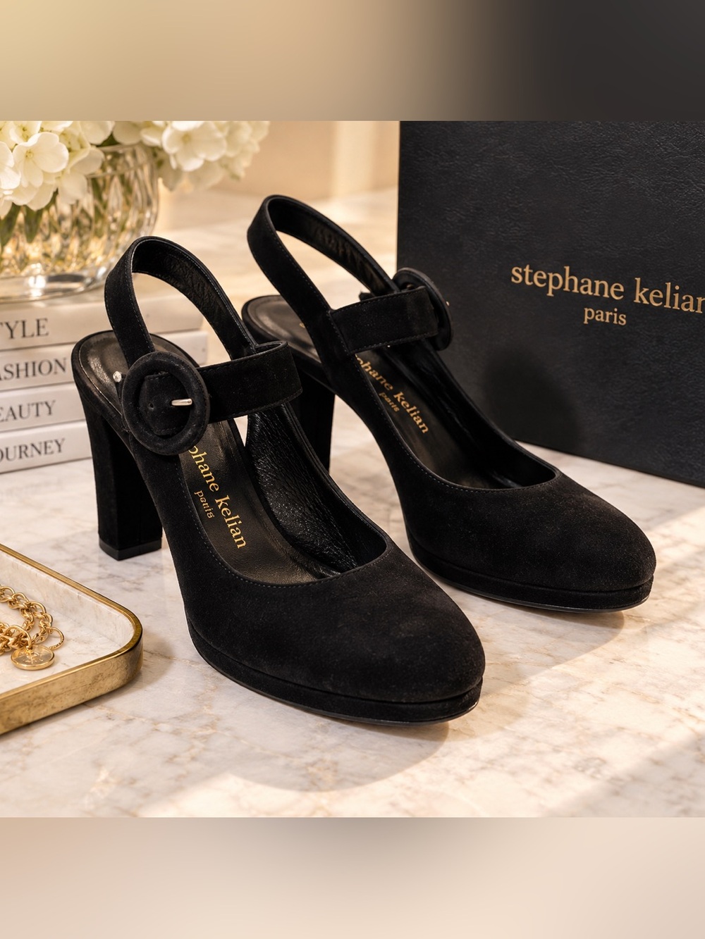 Stephane Kelian Black Suede Slingback Pumps with Round Buckle Sz 6.5